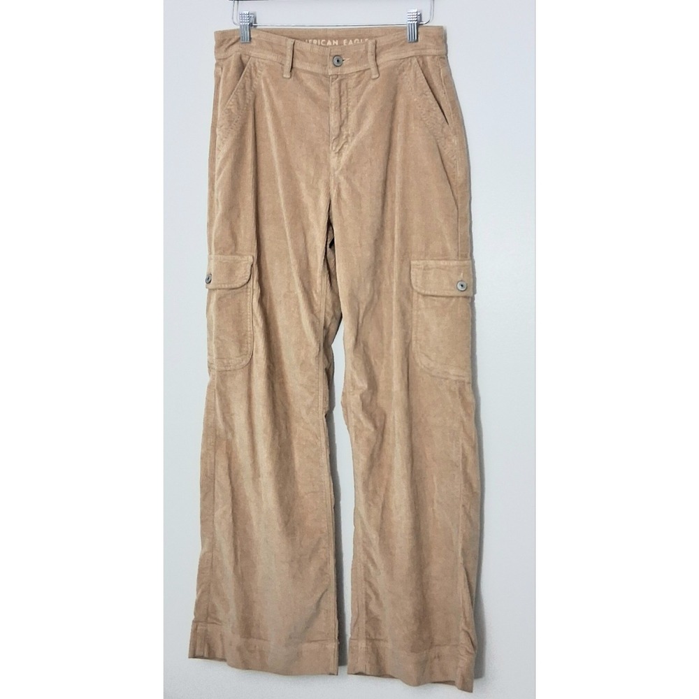 American Eagle Pants Size 4 Corduroy Beige Baggy Wide Leg Cargo High Rise Preown